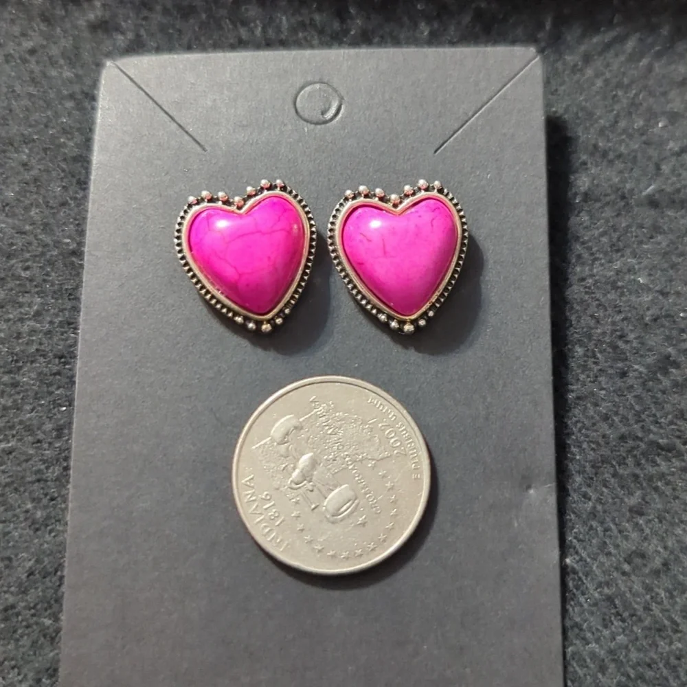 Silver Plated Pink Dyed Howlite Gemstone Heart Shaped Stud Statement Earrings